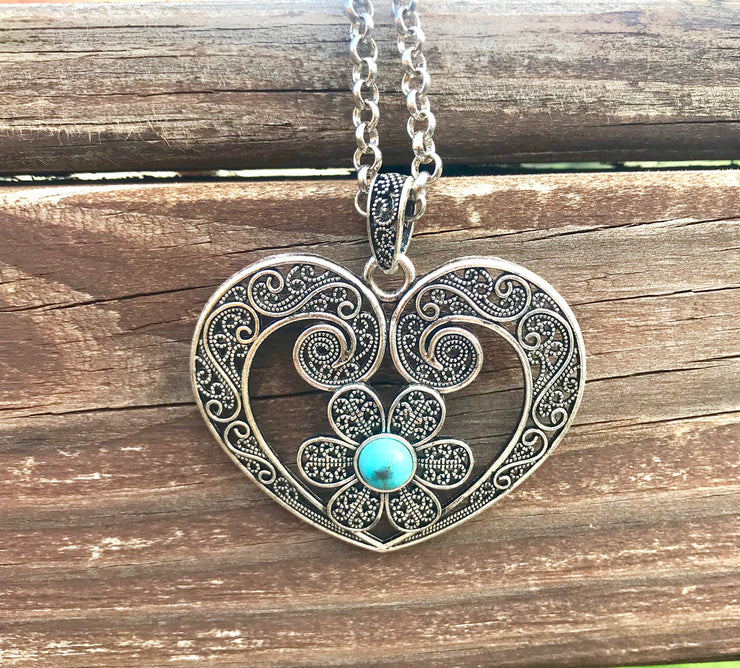 Wild at Heart Necklace with Turquoise Daisy Design - Open Your heart boutique