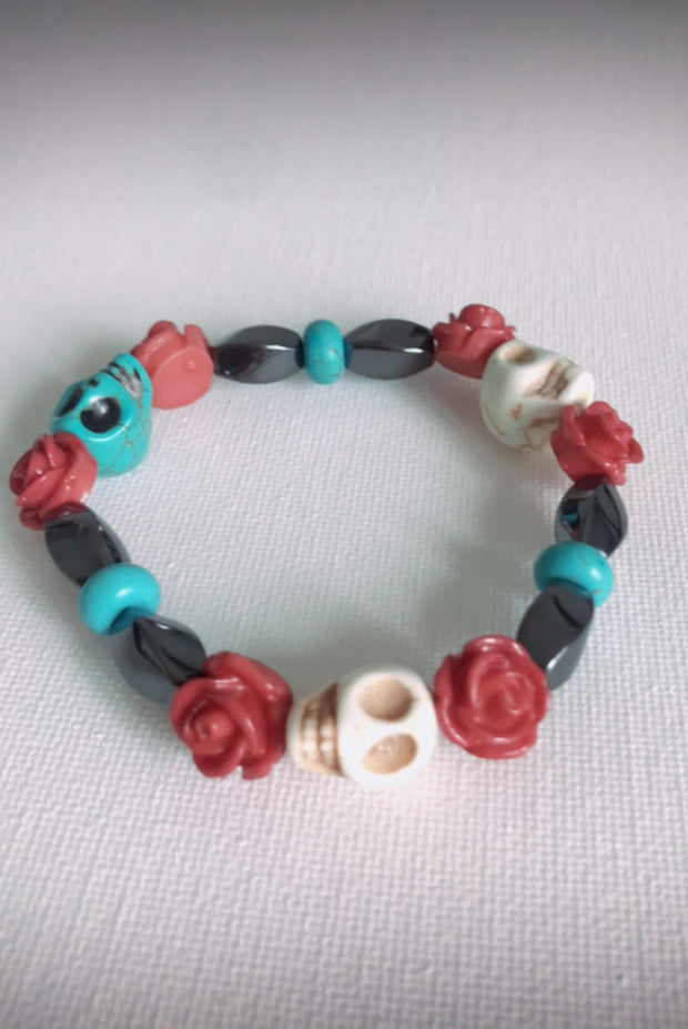Grateful Dead Inspired Turquoise, Hematite and Howlite Healing Stone Bracelet with Roses - Open Your heart boutique