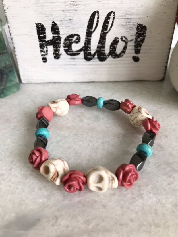 Grateful Dead Inspired Turquoise, Hematite and Howlite Healing Stone Bracelet with Roses - Open Your heart boutique